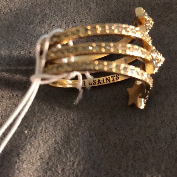 ALLSAINTS Gold Tone Star Coil Ring Crystal Accents Size 7 NWT & Dust Bag - Picture 10 of 12